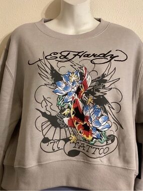 Ed Hardy Koi Fish Floral Tattoo Crewneck Sweatshirt Beige Streetwear Pullover